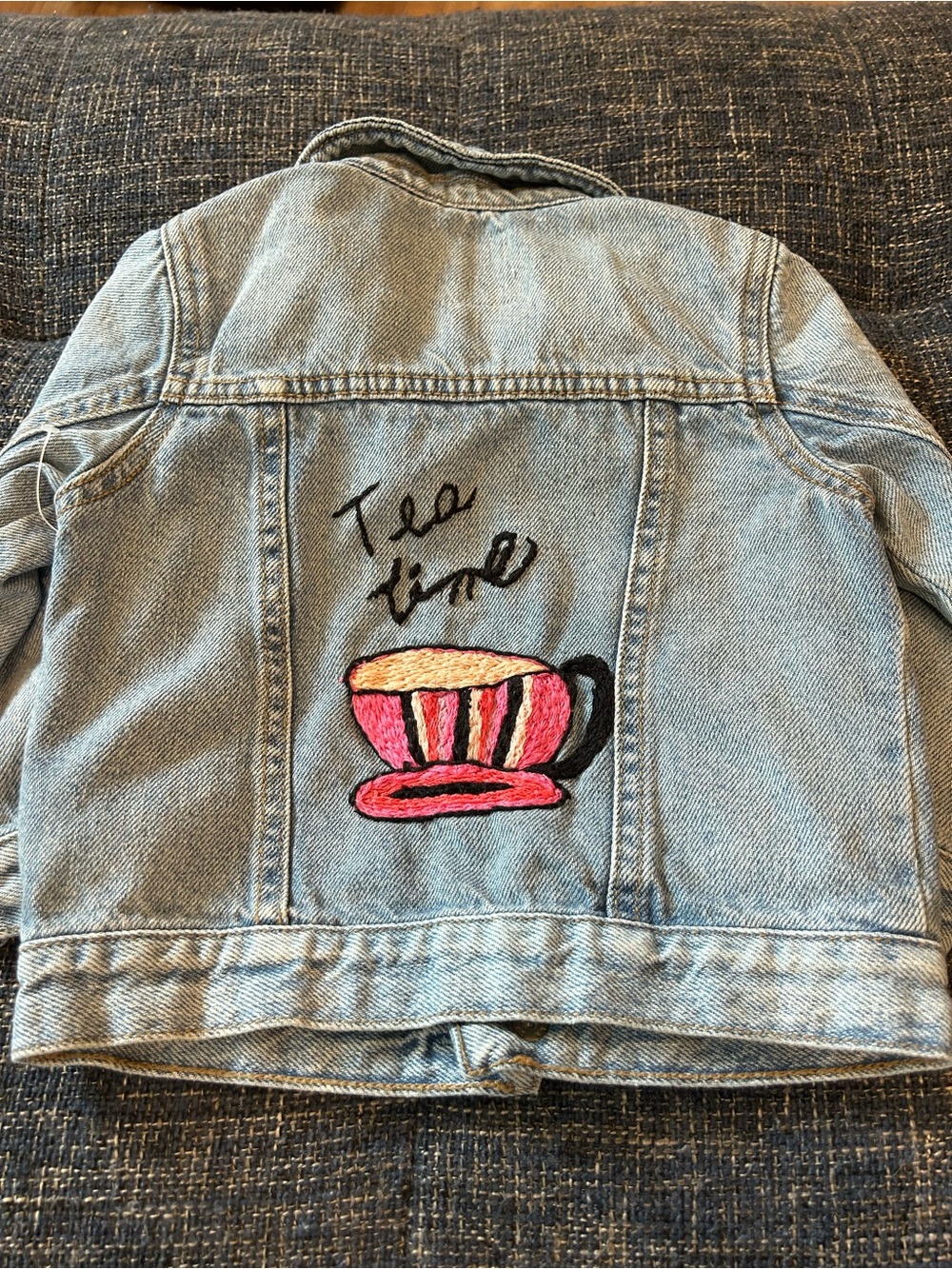 Old Navy Baby Light Wash Denim Jean Jacket Custom “Tea Time” Embroidered